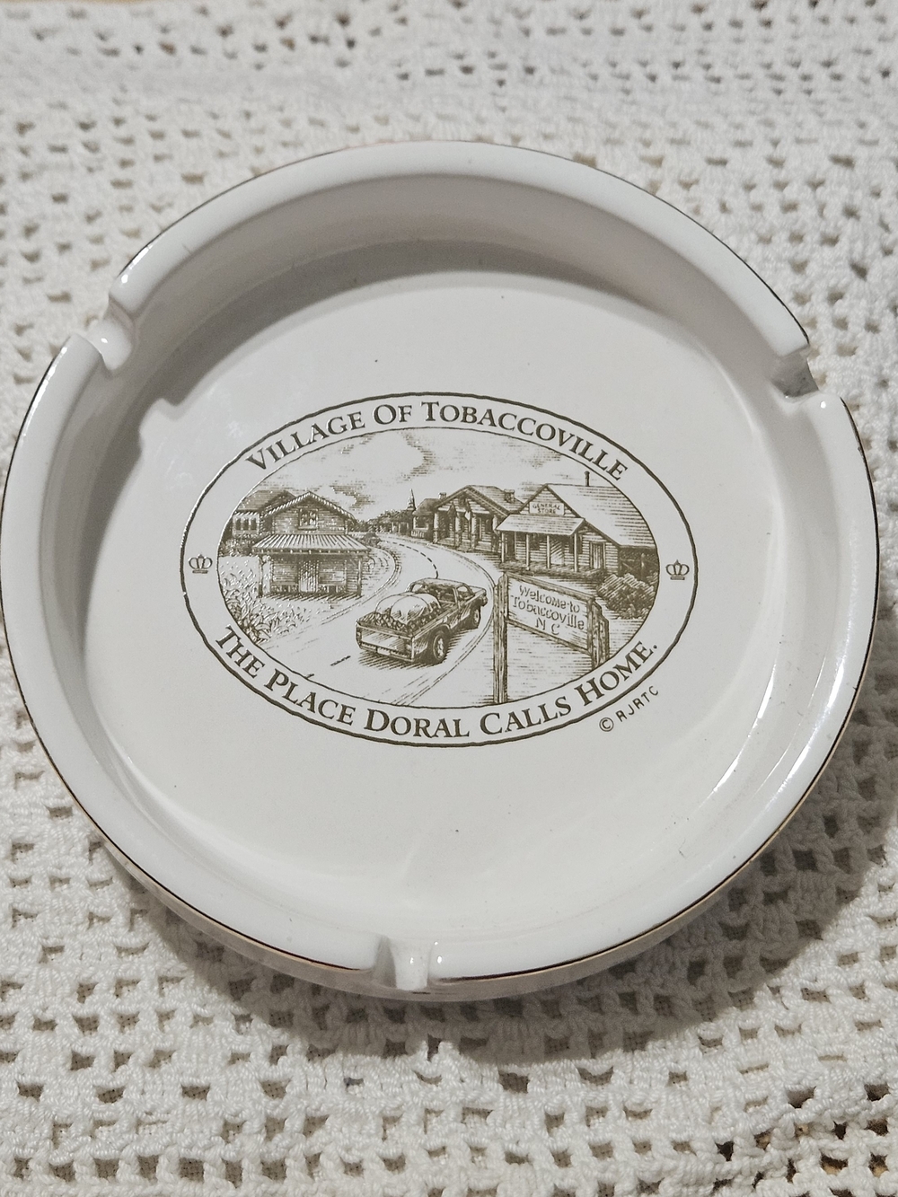 Village of Tobaccoville Ceramic Ashtray in White with Brown Graphic
